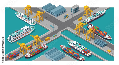 Isometric illustration of a busy harbor with cargo ships and cranes