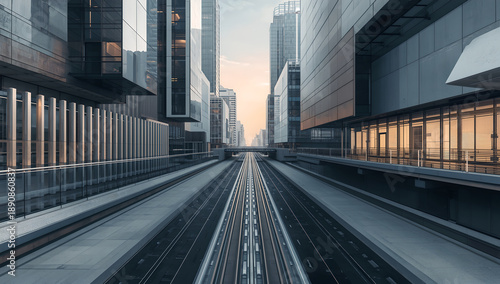 Futuristic Cityscape With Modern Architecture At Dusk With Reflections On Wet Road