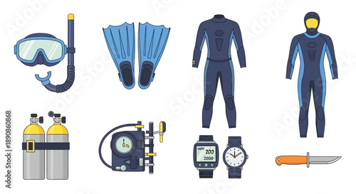 Scuba diving equipment collection mask fins wetsuit tanks and accessories