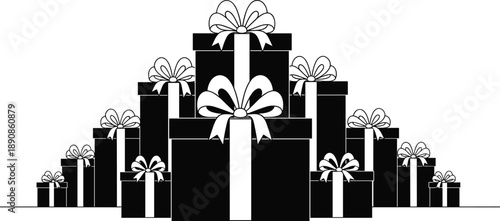 Black silhouette of a large pile of Christmas gift boxes with bows, festive holiday presents and surprise packages isolated on white background.