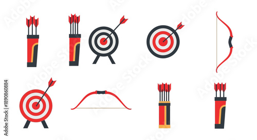 Archery equipment including targets arrows and bows in a flat design