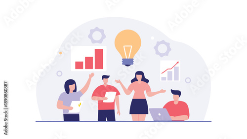 Business team brainstorming with graphs and lightbulb idea on purple background