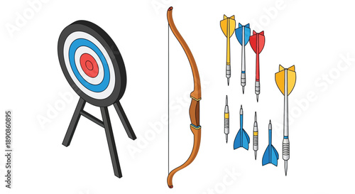 Archery equipment including a target and several arrows with a bow