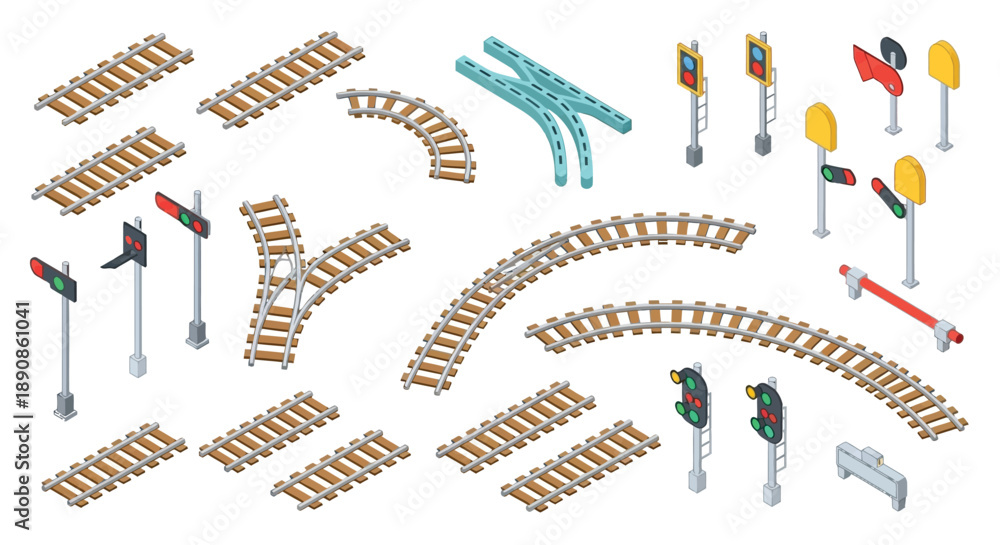 Fototapeta premium Isometric railway track set with curves switches and signal lights