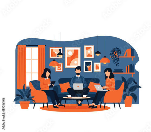 Creative coworking space with people working remotely on laptops and tablets in a modern living room setting