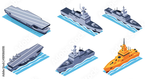Isometric illustration depicting various naval warships and support vessels