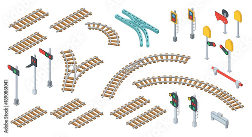 Isometric railway track set with curves switches and signal lights