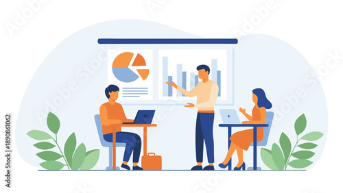 Business team collaboration scene with presentation and laptops in modern office setting