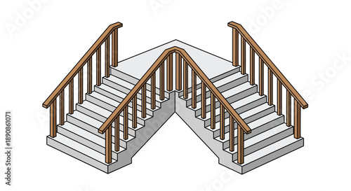Isometric illustration of a split staircase with wooden railings and steps
