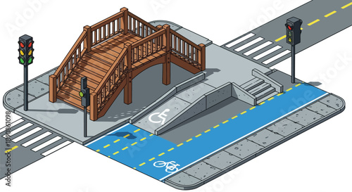 Isometric illustration of a pedestrian bridge over a city street intersection