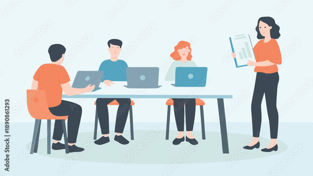 Fototapeta premium Office collaboration scene with team working on laptops and woman presenting