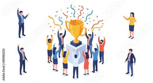 Isometric illustration of a team celebrating a victory with a golden trophy