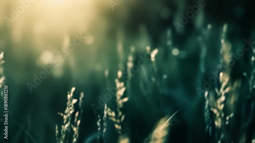 Warm sunlight bathes tall green grass and wheat in golden hour glow, soft bokeh background creating a tranquil, rural summer field scene full of warmth and calmness