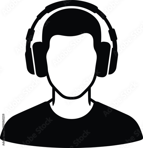 WebBlack silhouette avatar of a man wearing headphones, podcast listener vector illustration, male gamer icon isolated on white background for audio content.