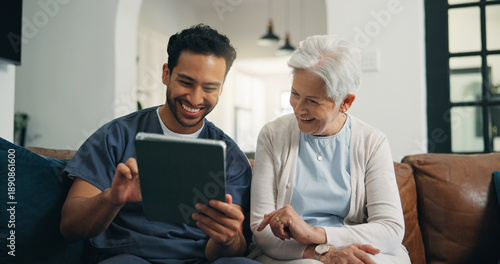 Obraz na płótnie Happy, old woman and nurse with tablet, homecare and consultation for health report on app or scroll
