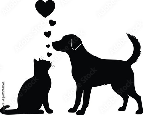 Black silhouette of cat and dog facing each other with heart symbols, pets friendship and domestic animal love concept, isolated on white background vector.