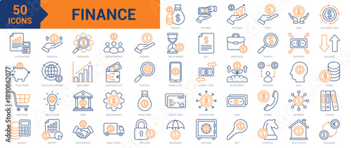 Finance colored line icon collection set. Containing payment, revenue, price, loan, exchange rate, accounting, piggy bank, expenses, budget, increase, money flow, crowdfunding, investment, bank icons