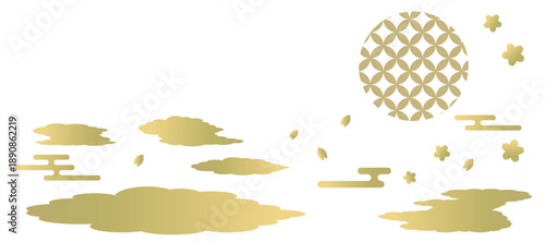 雲取りと桜と七宝文様の背景イラスト　和風　波紋　吉祥文様