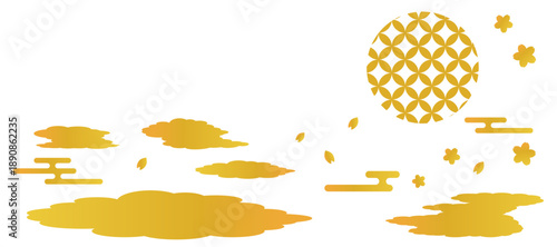 雲取りと桜と七宝文様の背景イラスト　和風　波紋　吉祥文様