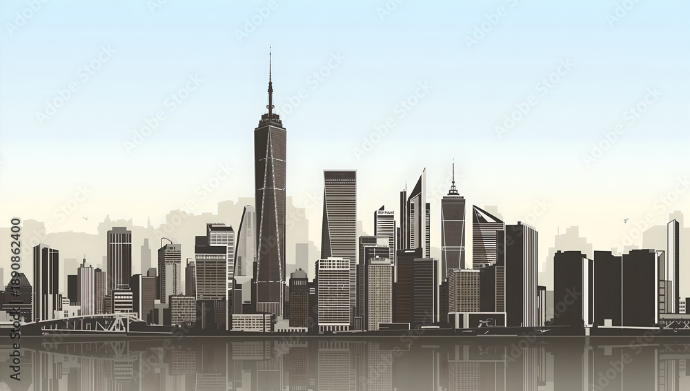 Obraz premium Modern City Skyline With Tall Buildings Reflected In Water Under A Hazy Sky