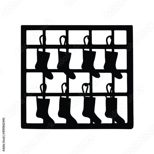 Festive Christmas Stockings on a Grid Shelf, Ready for Holiday Cheer