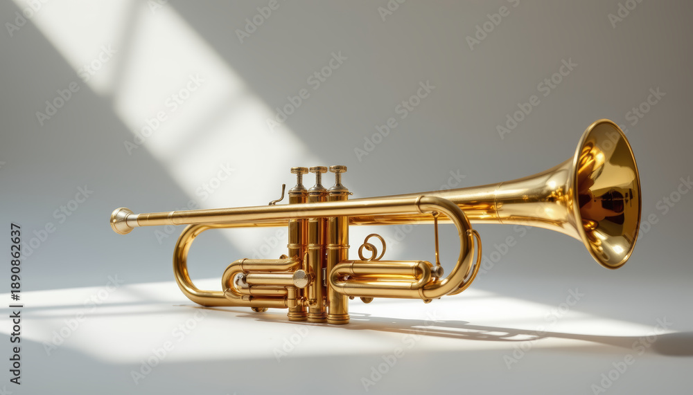 Obraz premium Golden trumpet musical instrument brass shine elegance on white surface under soft studio light shadow