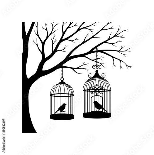 Silhouette of Birds in Cages