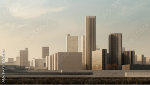 Modern Cityscape with Tall Buildings and Hazy Sky at Golden Hour