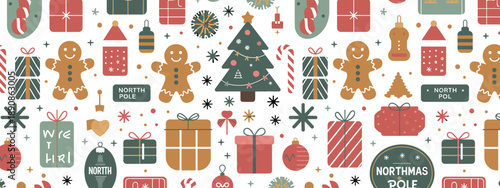 Christmas seamless pattern with gingerbread cookies, festive gifts, candy canes, Christmas tree, holiday illustration, winter celebration background, colorful flat design