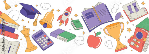 Education concept illustration with books, rocket, graduation cap, trophy, apple, clouds, school supplies floating on pastel background