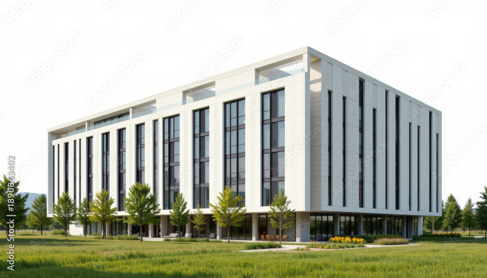 Obraz premium Modern building office facade glass window white architecture business exterior contemporary design corporate building green landscape sunny day
