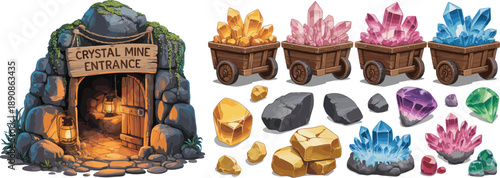 Fantasy crystal mine entrance with wooden carts full of colorful gemstones, rocks, ores isolated on white background detailed game assets