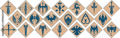 Fantasy emblem icon set on wooden shields with swords, dragons, wings, mystical symbols, medieval game logo illustration collection
