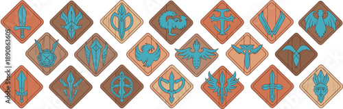Fantasy emblem icon set on wooden shields with swords, dragons, wings, mystical symbols, medieval game logo illustration collection