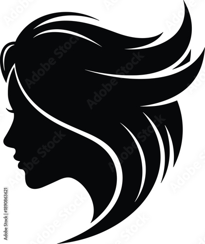 Black silhouette of elegant woman head profile with flowing hair, beautiful female face icon, hair salon logo isolated on white background vector illustration.