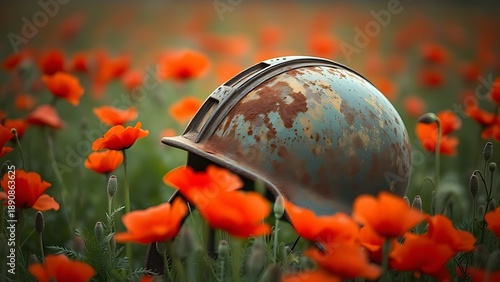 infamy. A rusted steel helmet among red poppies in a field. event programs, museum guides, cultural reports, designed for cultural heritage projects and event programs, used by retail merchandisers.