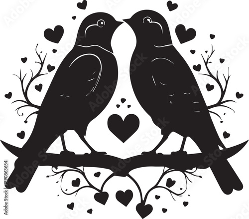 Happy Valentine’s Day romantic icon set with hearts, love birds and couple silhouettes on white background