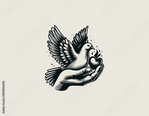 White dove illustration carries grenade object as symbolic balance themed tattoo design