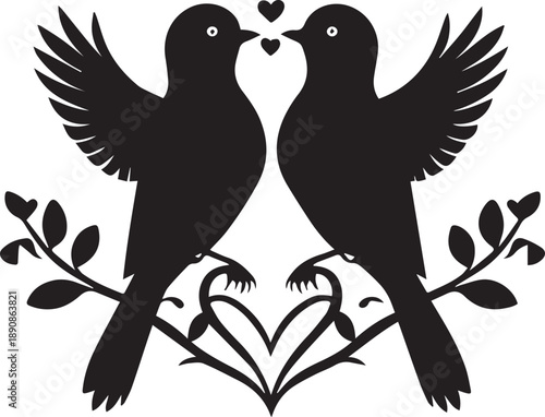 Happy Valentine’s Day romantic icon set with hearts, love birds and couple silhouettes on white background