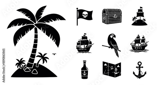 Pirate theme icons with palm tree island, ship, treasure chest, skull flag, parrot, anchor, map, and rum bottle for adventure and exploration concepts, vector graphics