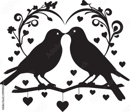 Happy Valentine’s Day romantic icon set with hearts, love birds and couple silhouettes on white background