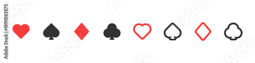 Playing card suit icons set including hearts diamonds clubs and spades in red and black solid fill and outline styles for games and design elements classic casino symbols vibrant and monochrome