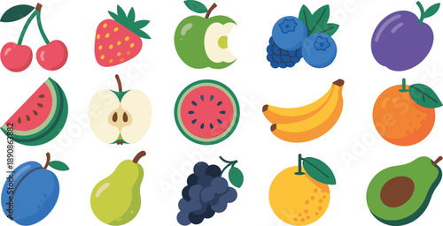 Fresh fruit collection including apple banana orange berries watermelon avocado isolated on white background healthy food concept