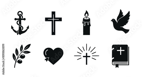 Religious symbols and icons featuring anchor cross candle dove olive branch heart radiant cross and bible representing faith hope peace love spirituality and scripture