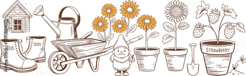 Hand drawn gardening illustration set with tools, flowers, gnome, wheelbarrow, boots, watering can, seeds, rustic garden elements