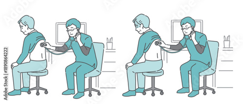 スクラブを着用した男性医師による高齢男性の背中の聴診イラストセット（正常・異常/体調不良）