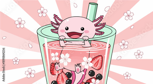 Cute Kawaii Axolotl in Pink Boba Tea with Sakura Flowers and Strawberries - Japanese Style Animal Illustration