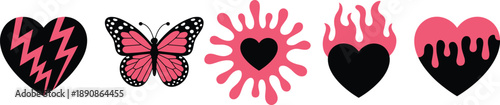 Pink and black heart icon set with butterfly, lightning, flame, dripping shapes, trendy love symbols illustration isolated on white