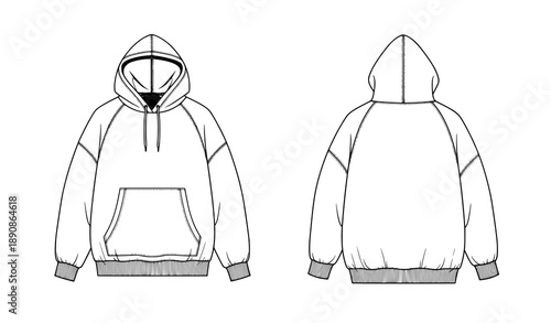 Unisex hoodie CAD mockup vector with drop shoulder oversized fit front back views