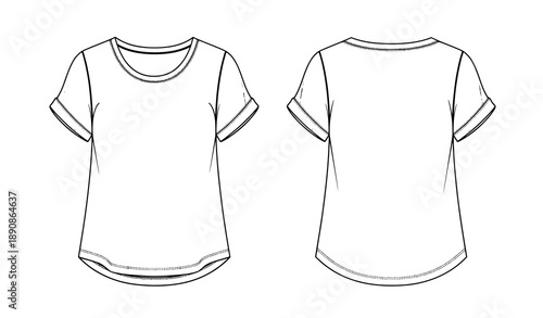 Women and teen girls basic T shirt technical flat vector sketch front and back view